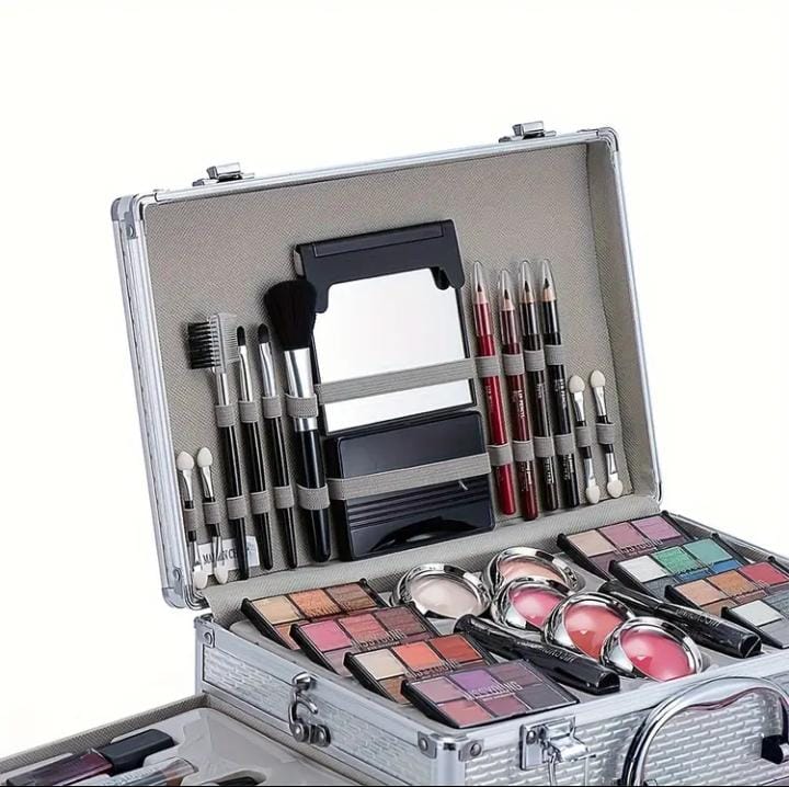 All-in-One Professional Makeup Kit in Silver Aluminum Case – Eyeshadow, Lipstick, Blush & Brushes Set – Complete Cosmetic Gift Box for Women