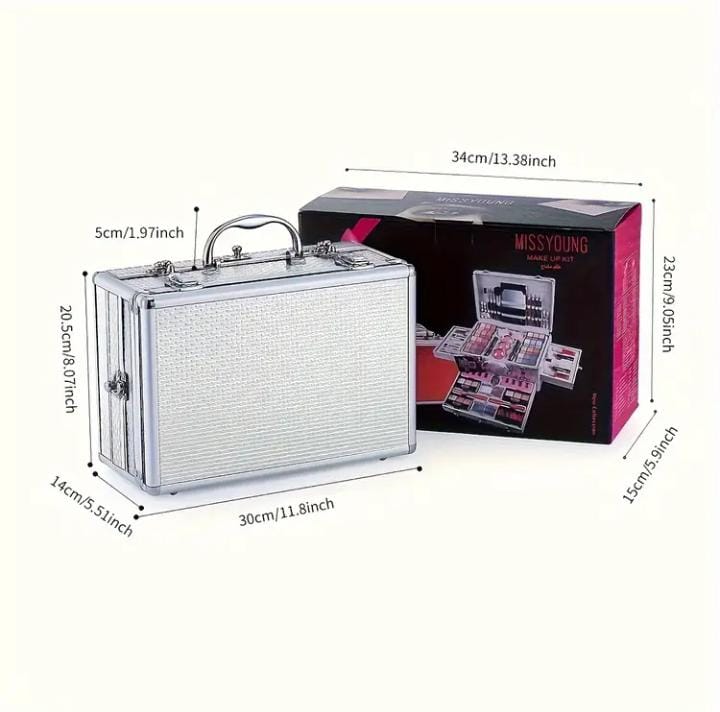 All-in-One Professional Makeup Kit in Silver Aluminum Case – Eyeshadow, Lipstick, Blush & Brushes Set – Complete Cosmetic Gift Box for Women