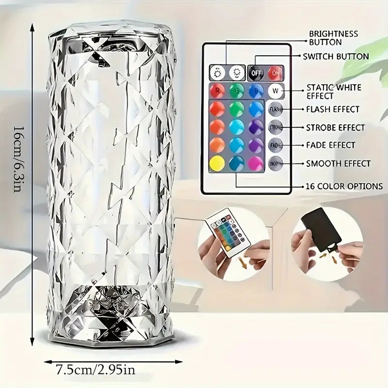 USB Rechargeable Rose Crystal Table Lamp β 3/16 Colors, Touch & Remote Control, Home & Bedroom Night Light Gift
